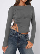 Tied Slit Round Neck Long Sleeve T-Shirt - Dark Gray / S