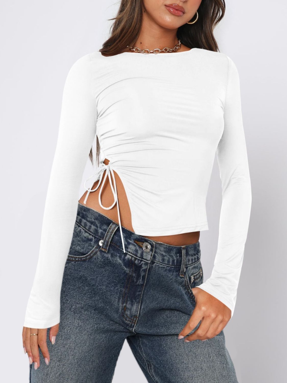 Tied Slit Round Neck Long Sleeve T-Shirt - White / S