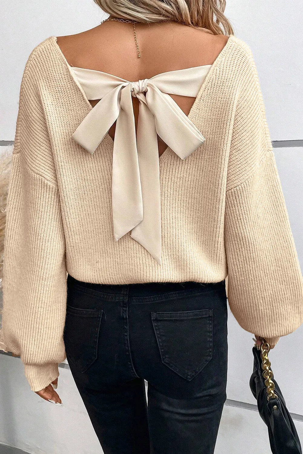 Tied V-Neck Long Sleeve Sweater - Tan / S