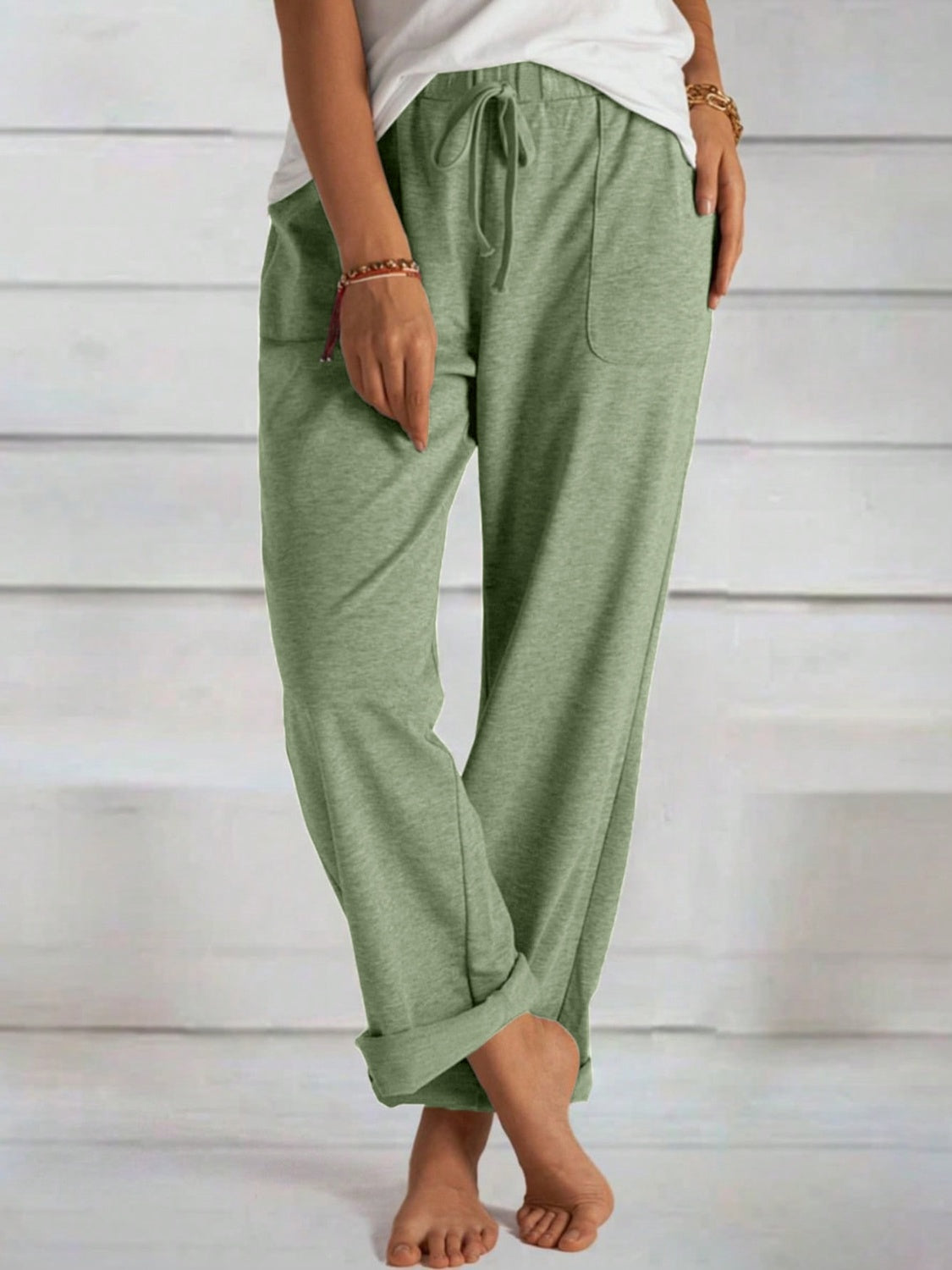 Tied Wide Leg Pants with Pockets - Matcha Green / S
