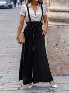 Tied Wide Leg Pants with Shoulder Straps - Black / S