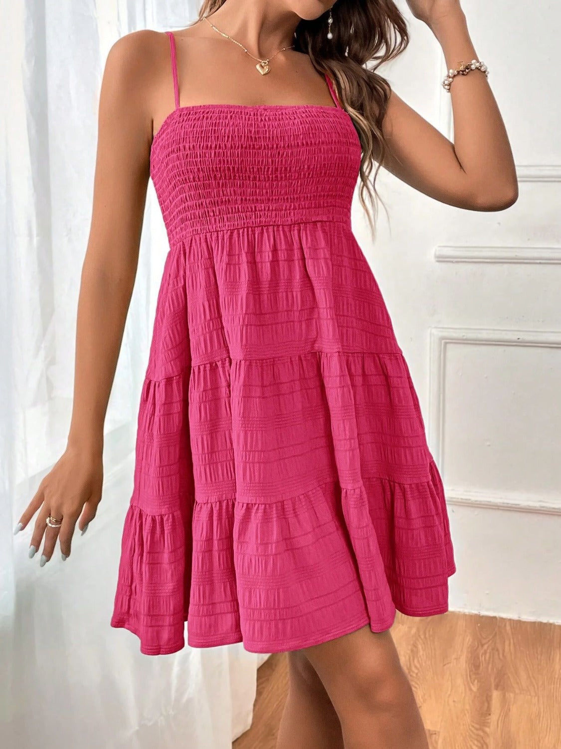 Tiered Smocked Square Neck Cami Dress - Deep Rose / S