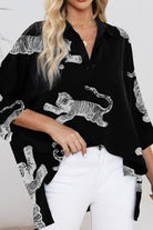 Tiger Pattern Button Up Long Sleeve Shirt - Black / S