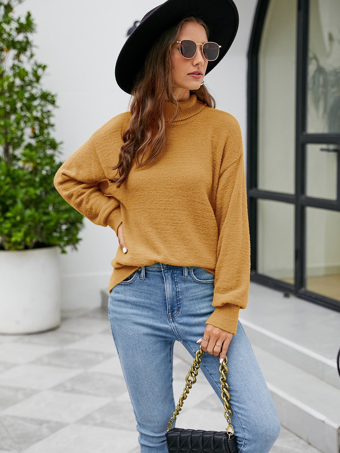 Turtleneck Dropped Shoulder Sweater - Honey / S