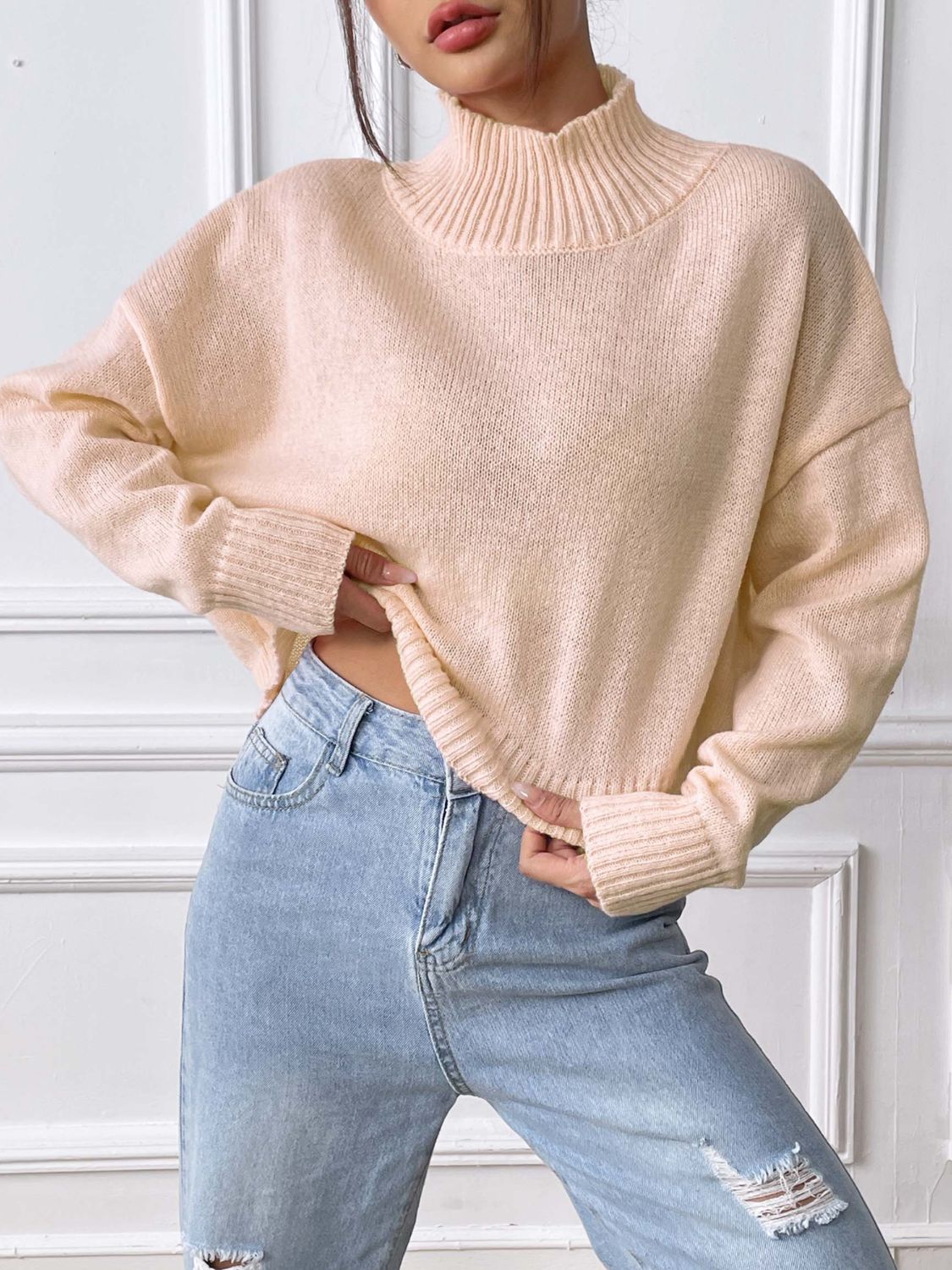 Turtleneck Long Sleeve Sweater - Apricot / S