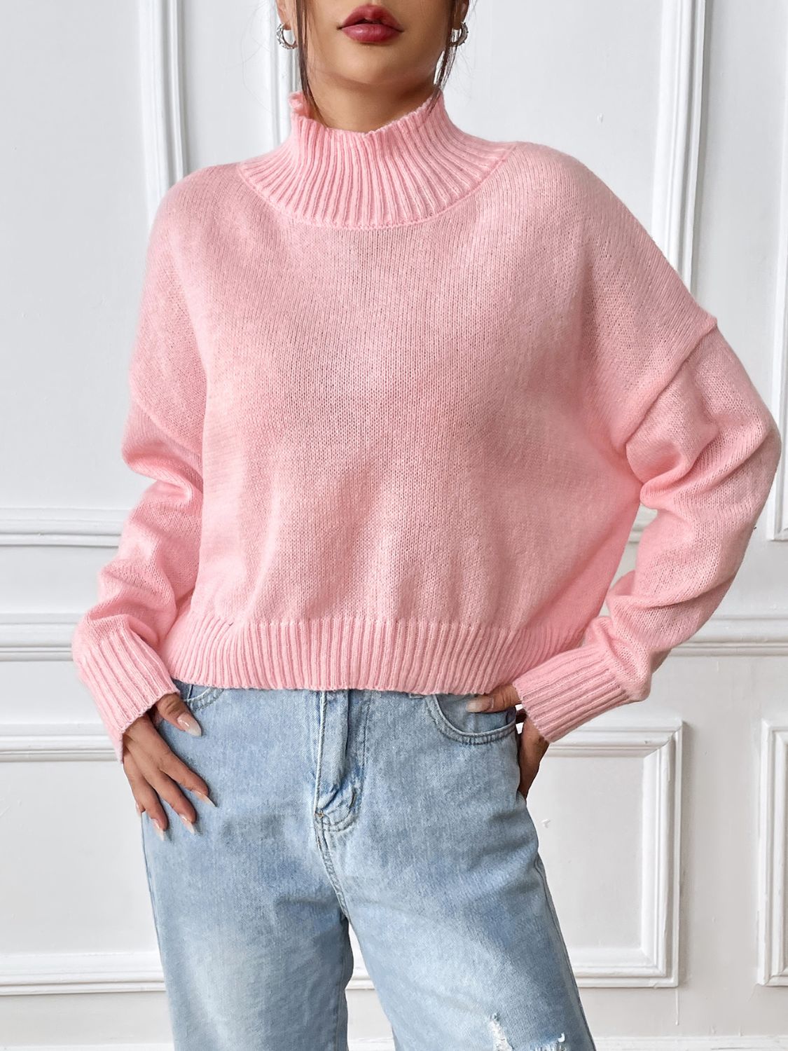 Turtleneck Long Sleeve Sweater - Blush Pink / S