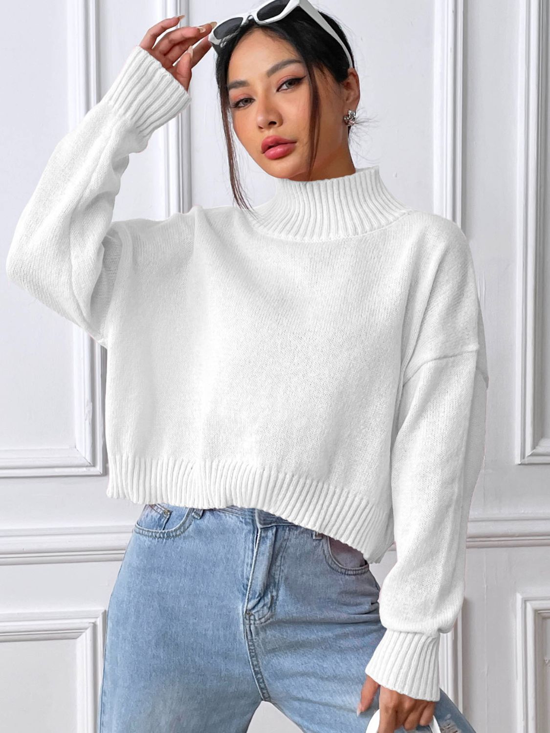 Turtleneck Long Sleeve Sweater - White / S