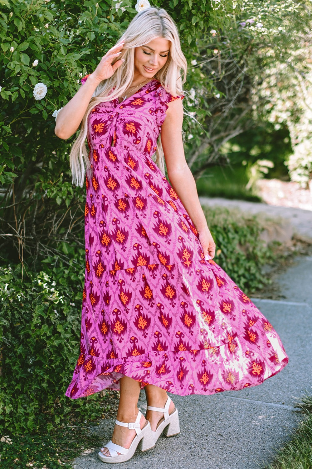 Twisted Printed Cap Sleeve Midi Dress