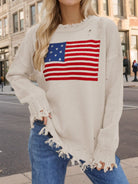 US Flag Distressed Round Neck Long Sleeve Sweater - Cream / S