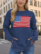 US Flag Distressed Round Neck Long Sleeve Sweater - French Blue / S