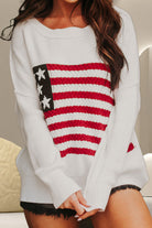 US Flag Round Neck Long Sleeve Knit Top - White / S