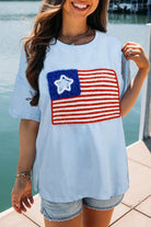 US Flag Round Neck Short Sleeve T-Shirt - Light Blue / S