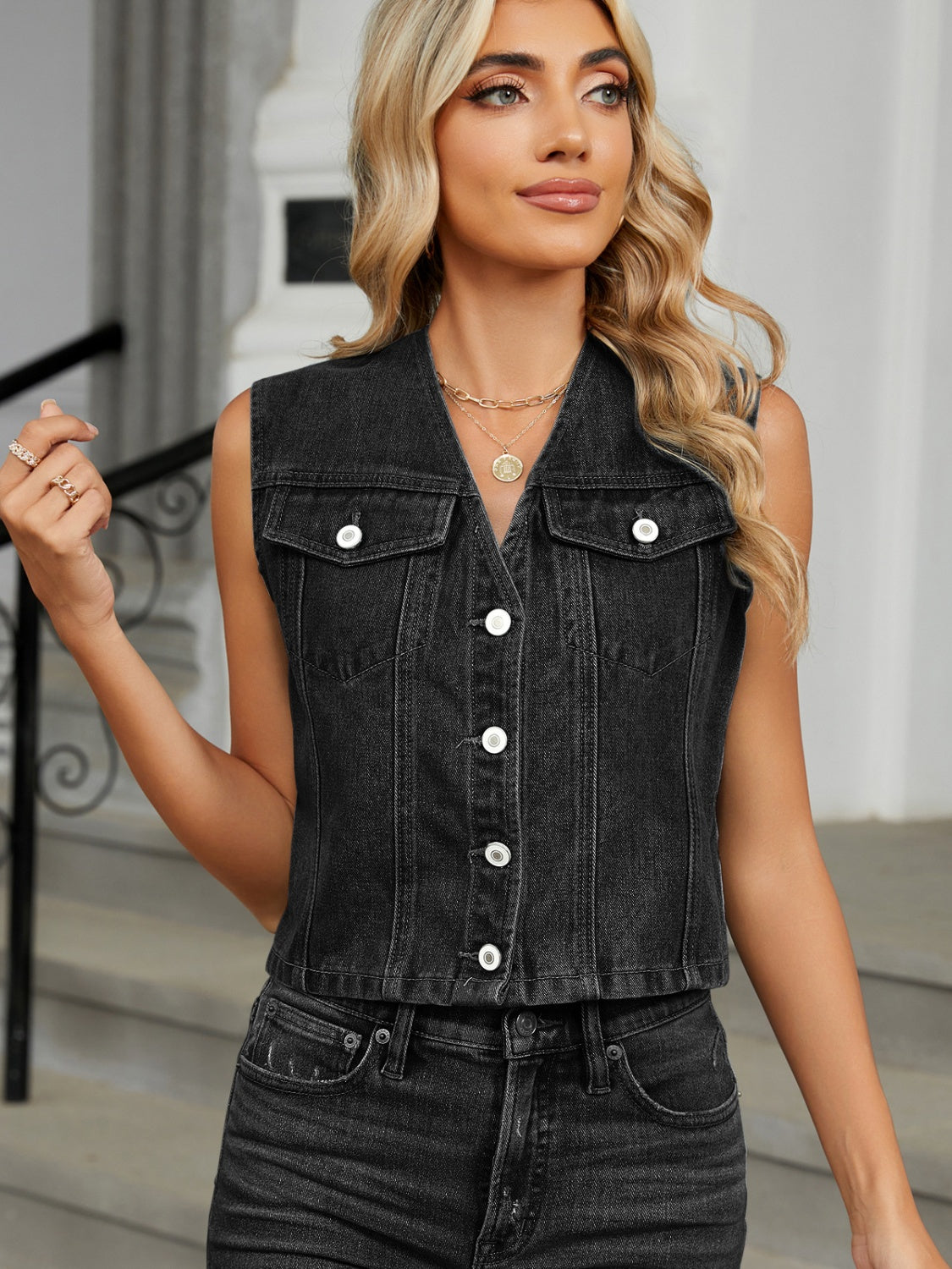 V-Neck Button Down Denim Vest - Black / S