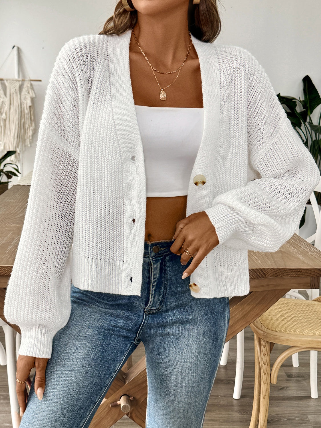 V-Neck Button Up Long Sleeve Cardigan - White / S