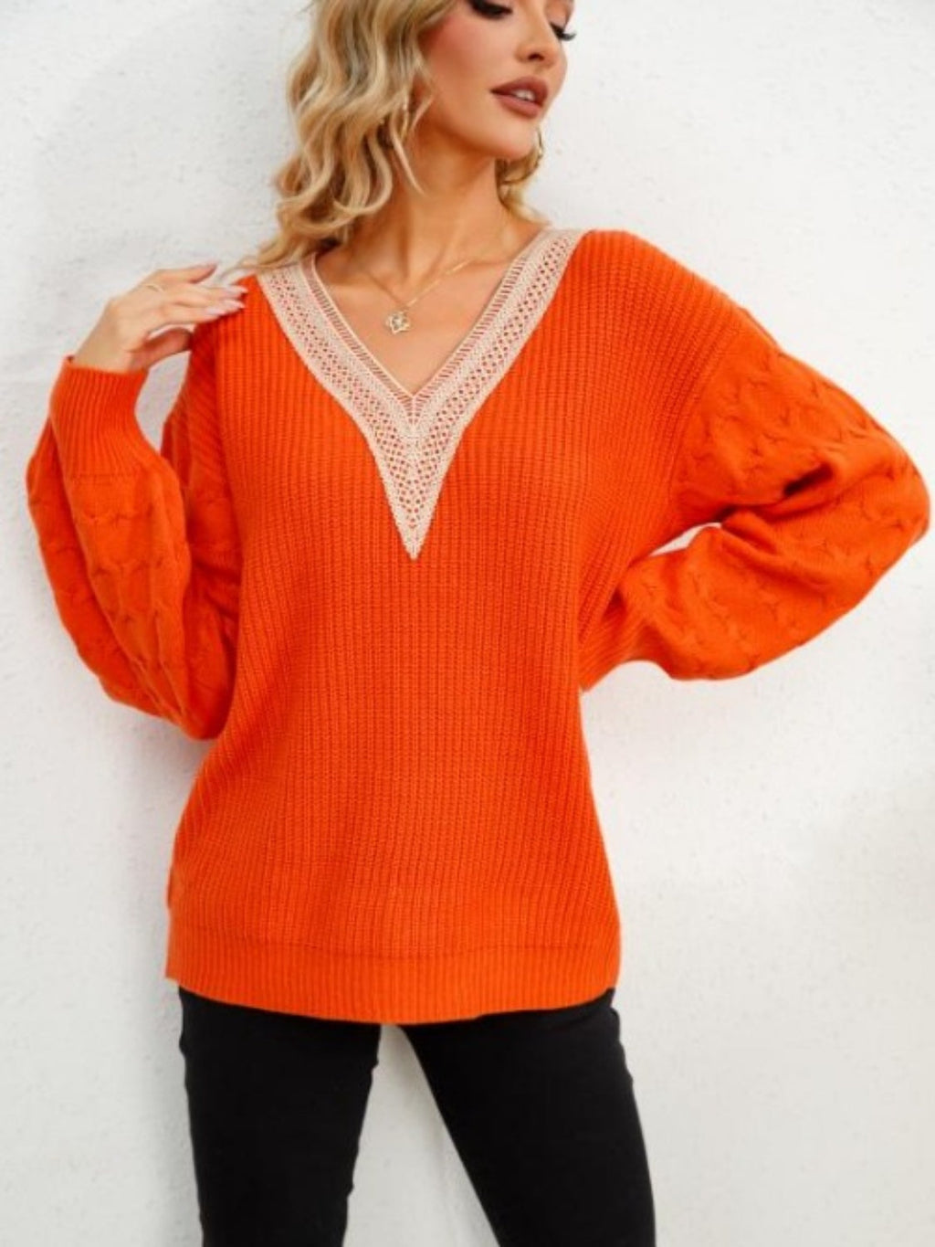 V-Neck Dropped Shoulder Long Sleeve Sweater - Orange / S