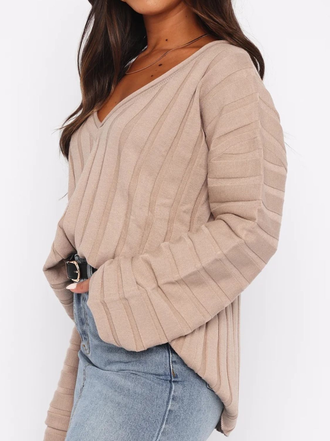 V-Neck Dropped Shoulder Sweater - Apricot / One Size