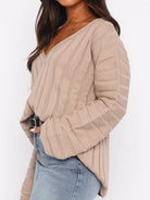 V-Neck Dropped Shoulder Sweater - Apricot / One Size