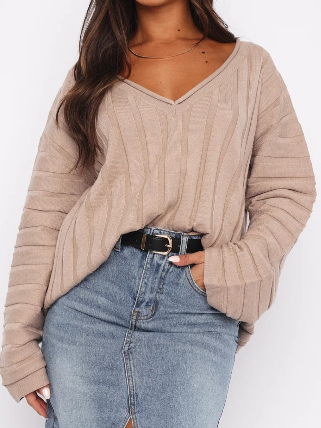 V-Neck Dropped Shoulder Sweater - Apricot / One Size