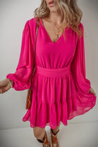 V-Neck Long Sleeve Mini Dress - Deep Rose / S