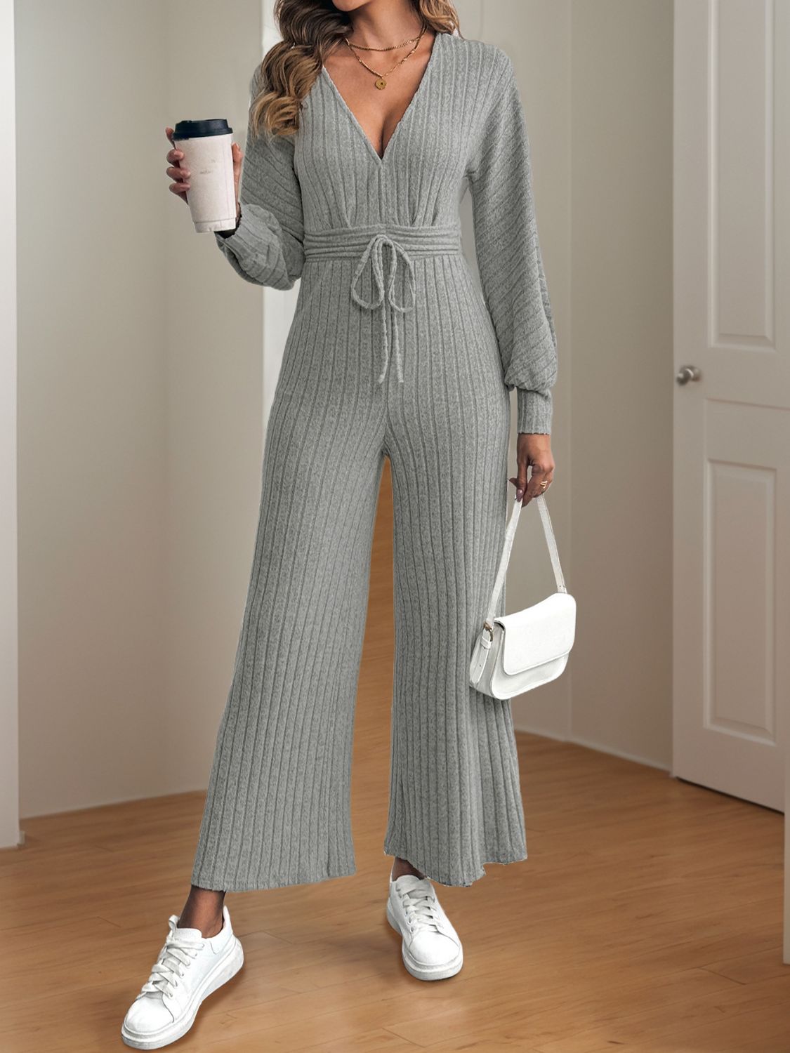 V-Neck Long Sleeve Wide Leg Jumpsuit