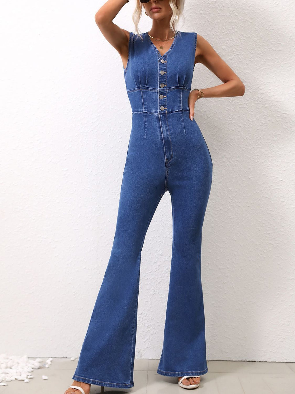 V-Neck Sleeveless Denim Jumpsuit - Dark / XS