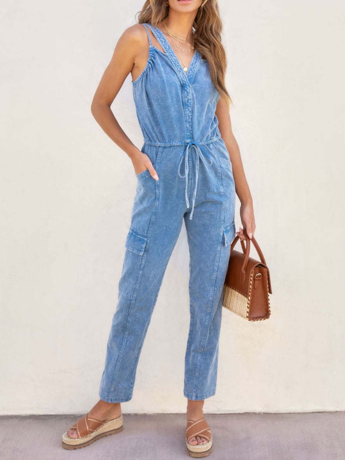 V-Neck Sleeveless Denim Jumpsuit - Medium / S