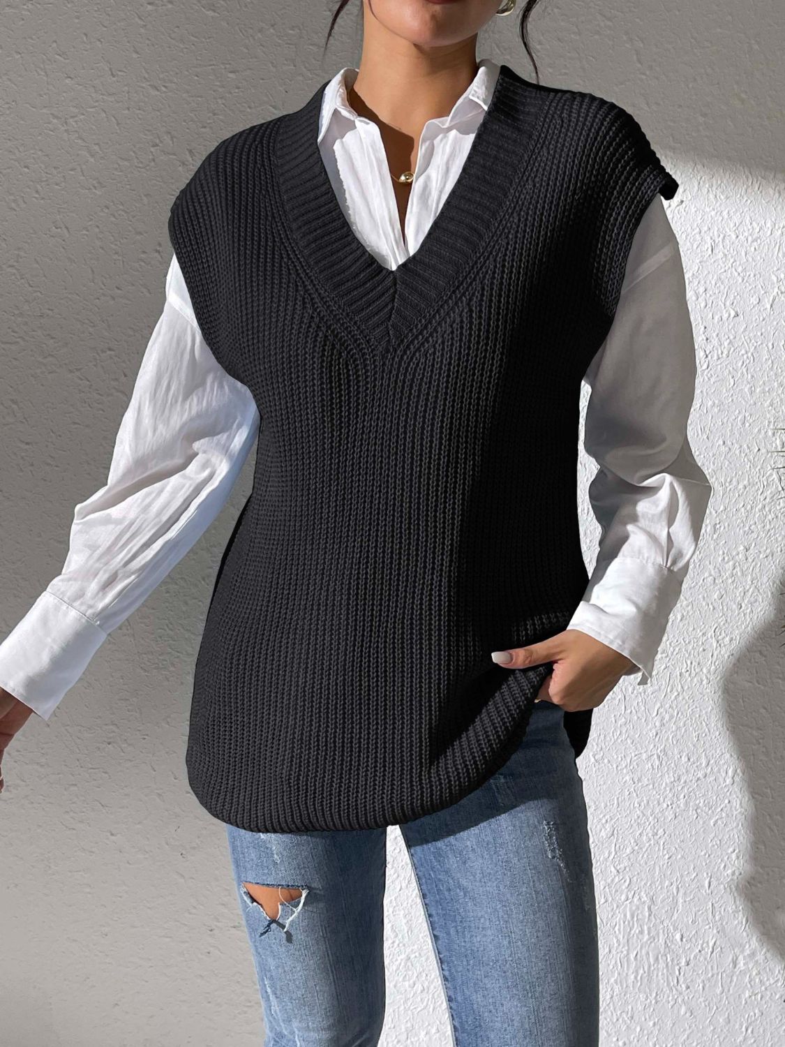 V-Neck Sweater Vest - Black / One Size