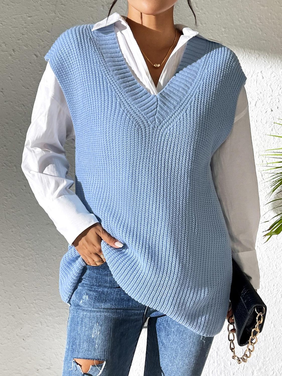 V-Neck Sweater Vest - Light Blue / One Size