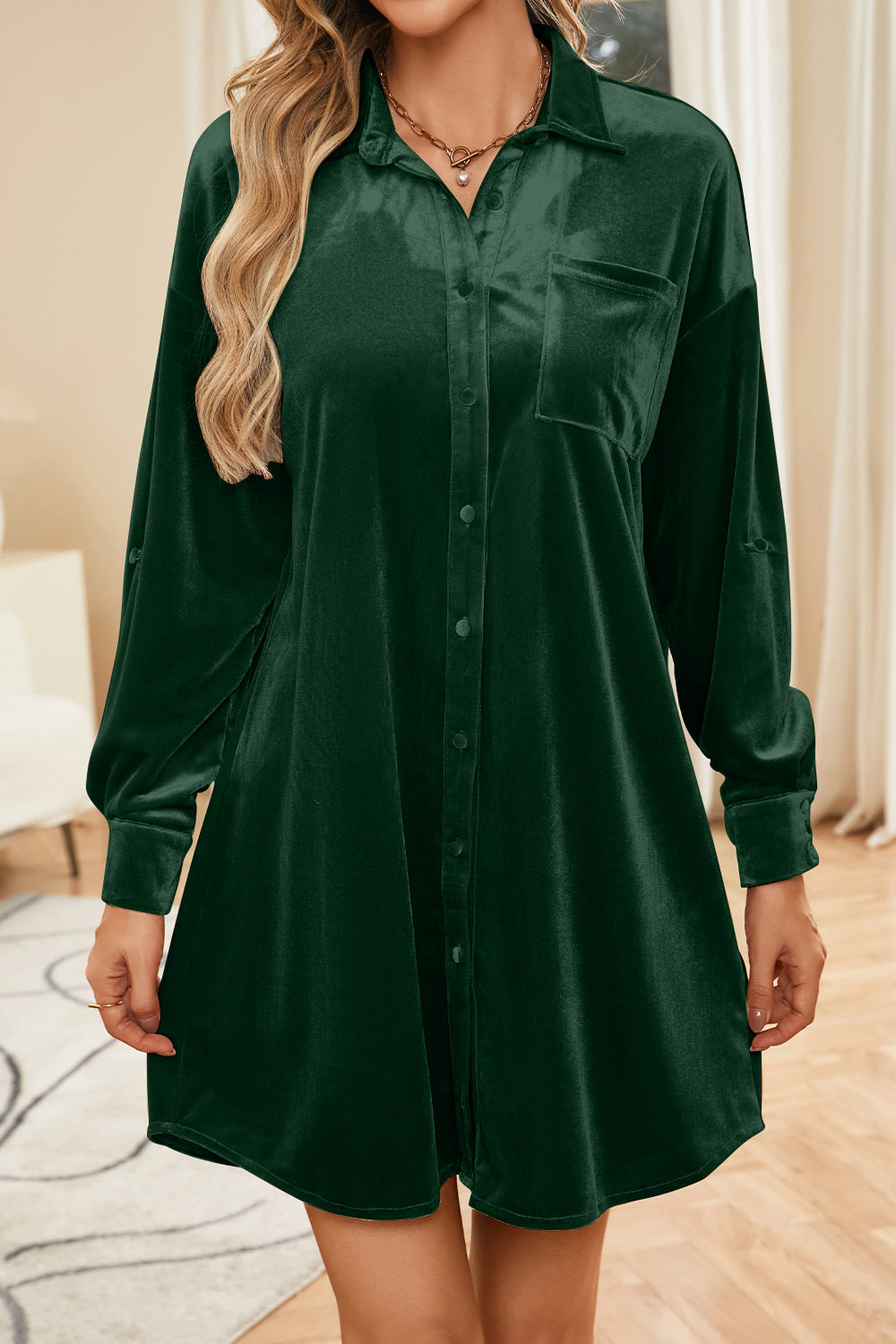 Velvet Collared Neck Long Sleeve Mini Dress - Army Green / S