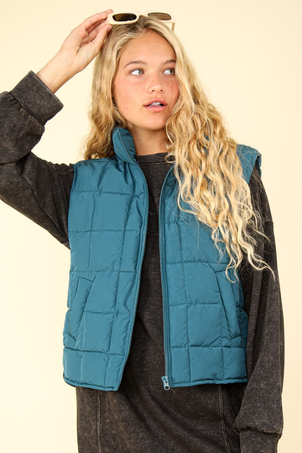 VERY J Zip Up Puffer Padded Warm Vest - Sea Foam / S