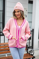 Waffle Knit V-Neck Cardigan with Pocket - Blush Pink / S