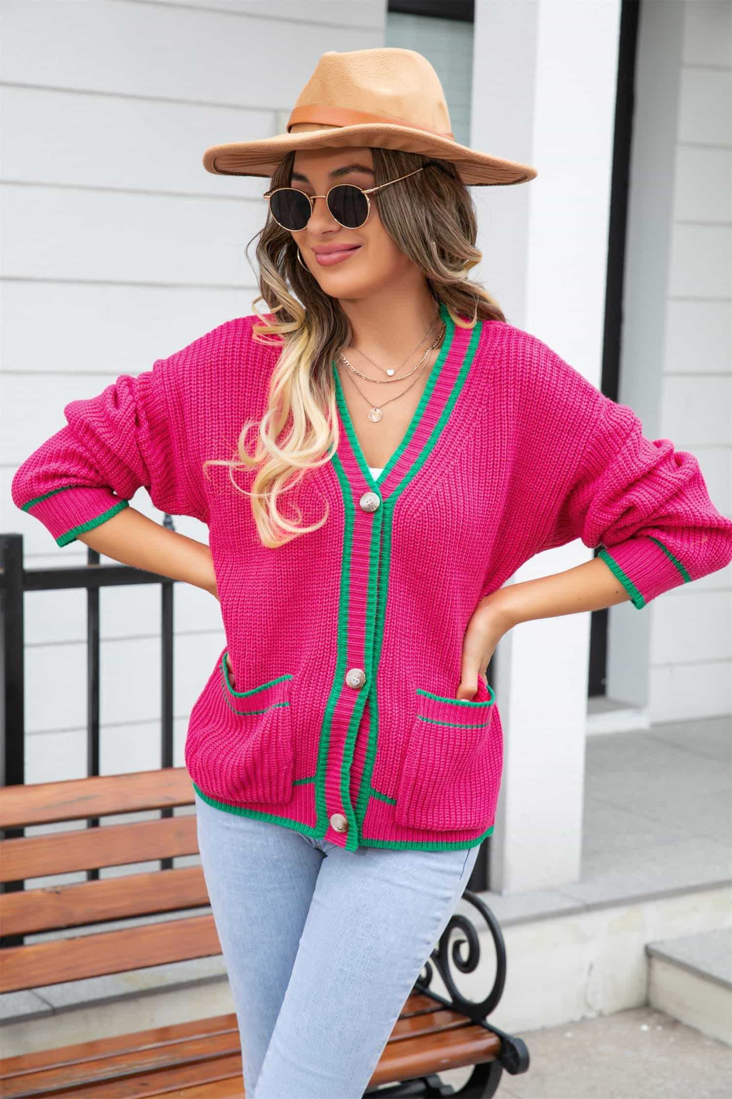 Waffle Knit V-Neck Cardigan with Pocket - Hot Pink / S