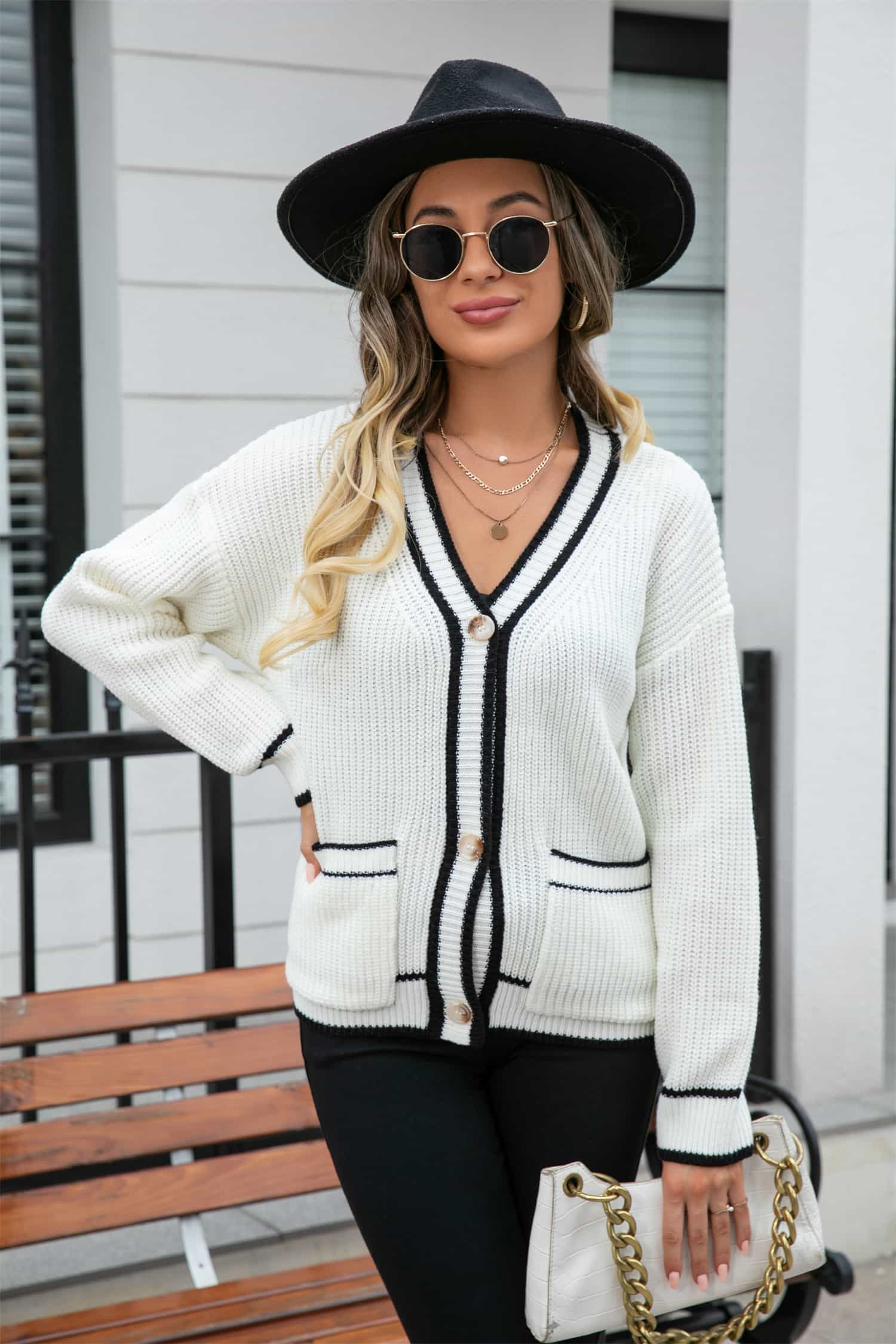 Waffle Knit V-Neck Cardigan with Pocket - White / S