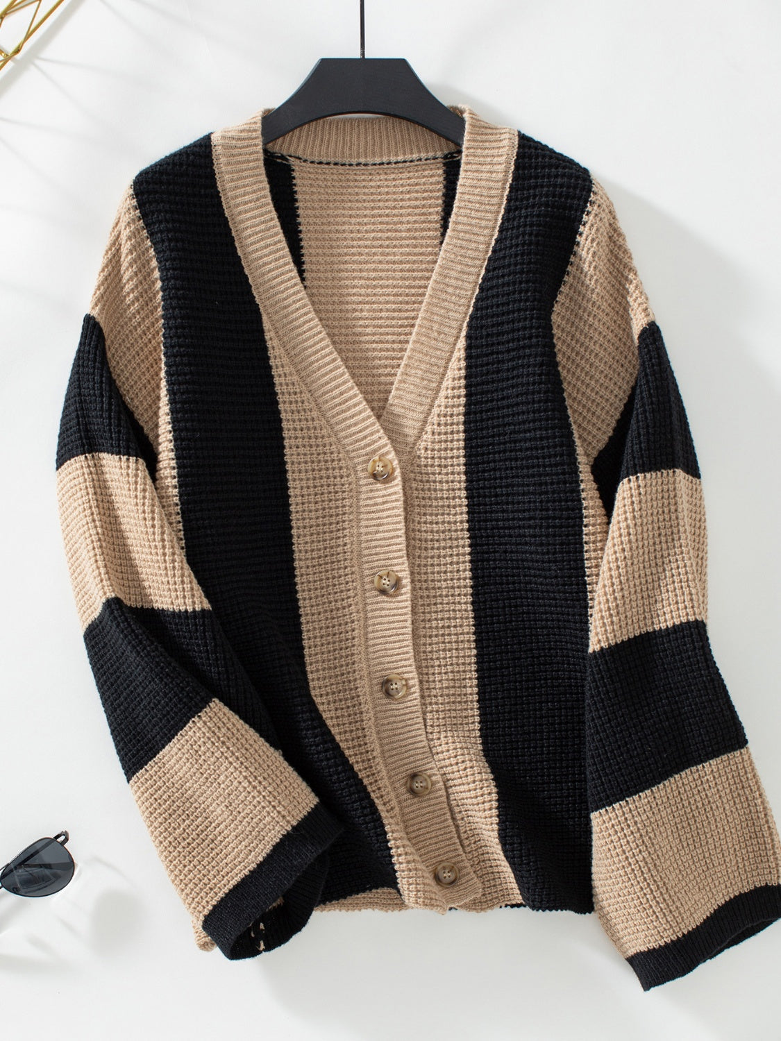 Waffle-Knit V-Neck Striped Long Sleeve Cardigan - Camel / S