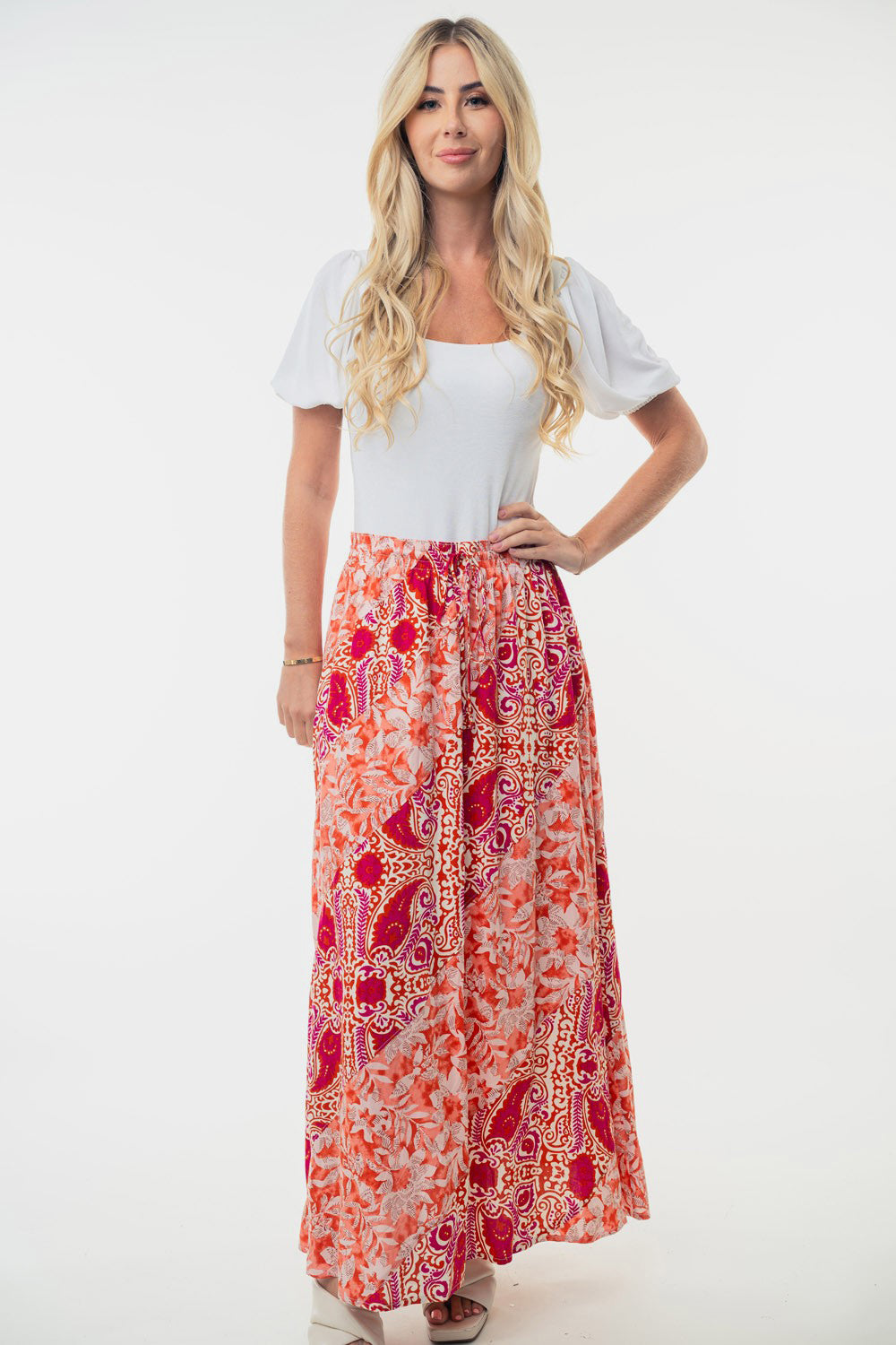 White Birch Full Size High Waisted Floral Woven Skirt - Orange / S