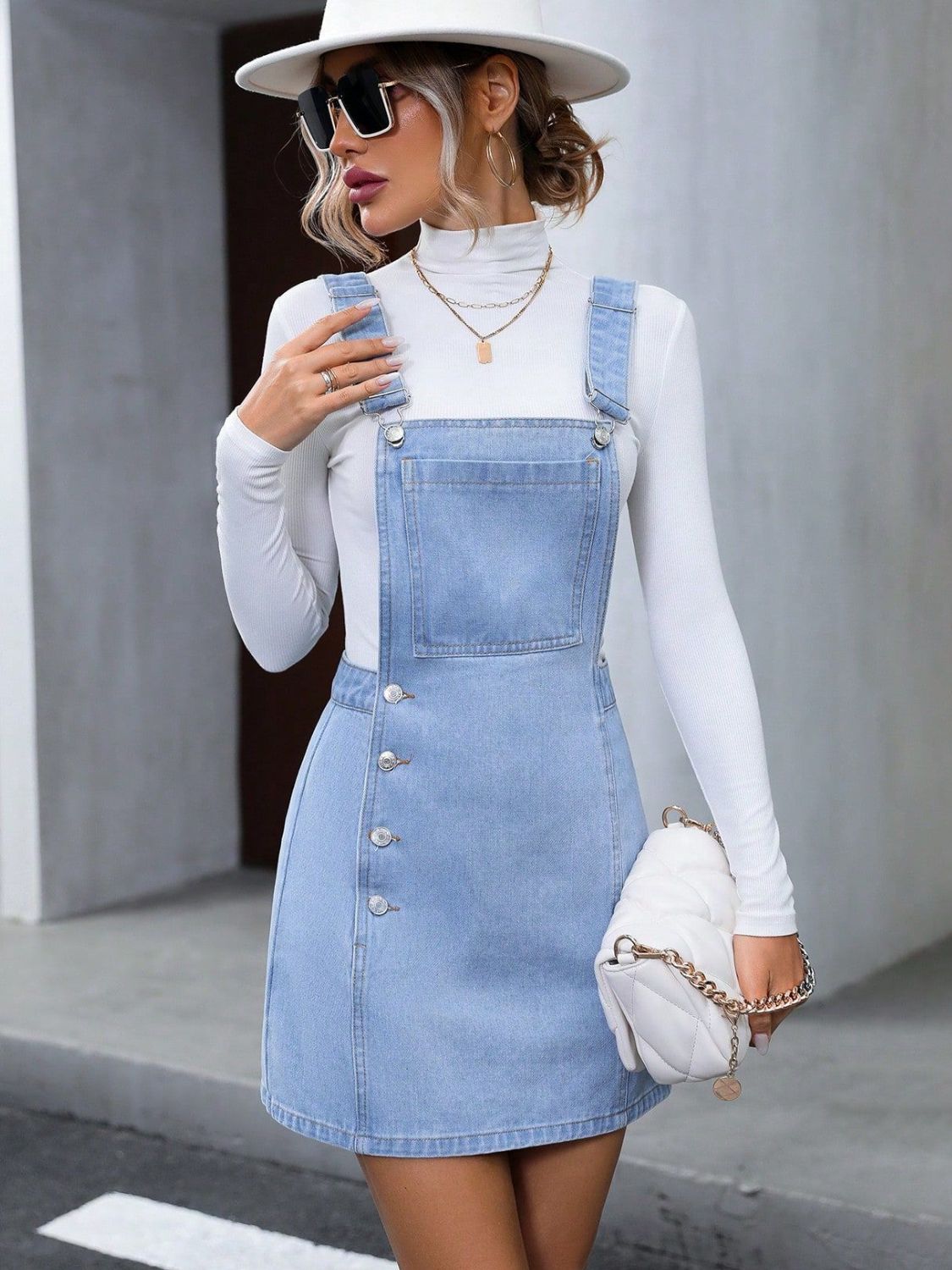 Wide Strap Denim Overall Dress - Medium / XS