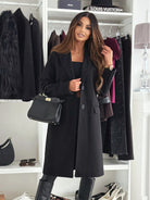 Woven Lined Long Coat w Buttons - Black / S