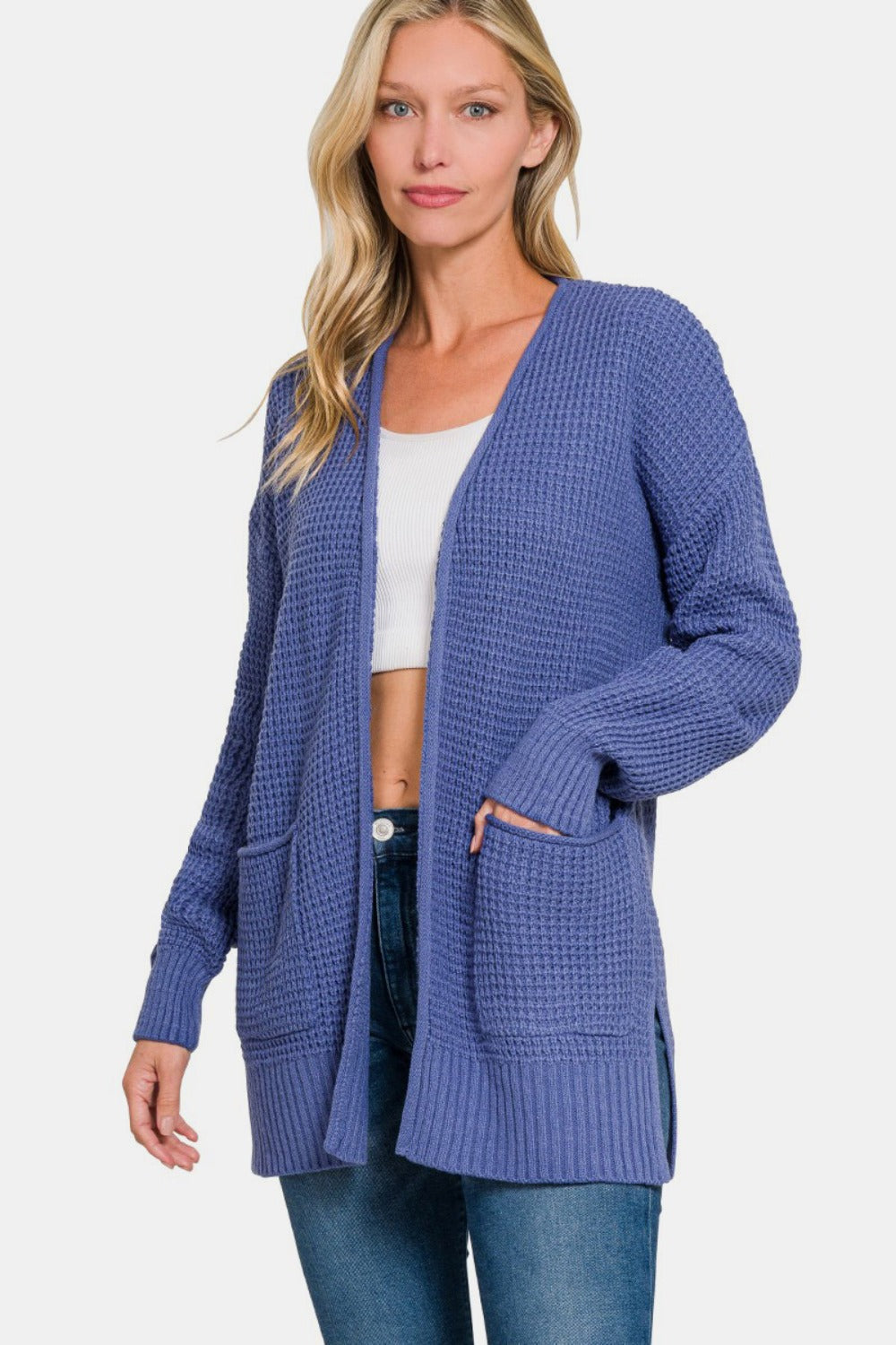Zenana Waffle Open Front Sweater Cardigan - Marlin / S