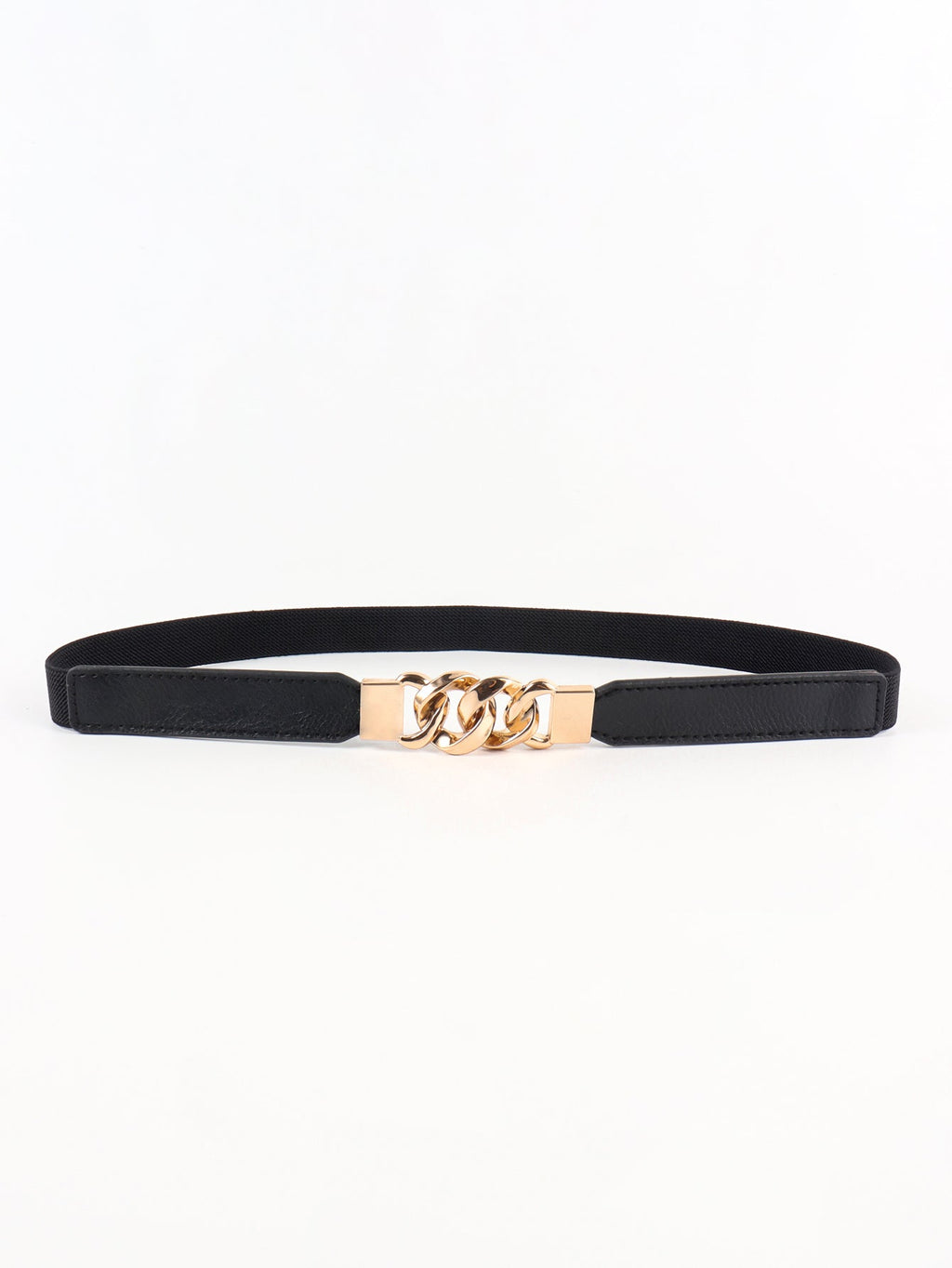Zinc Alloy Buckle Elastic PU Belt - Black/Gold / One Size