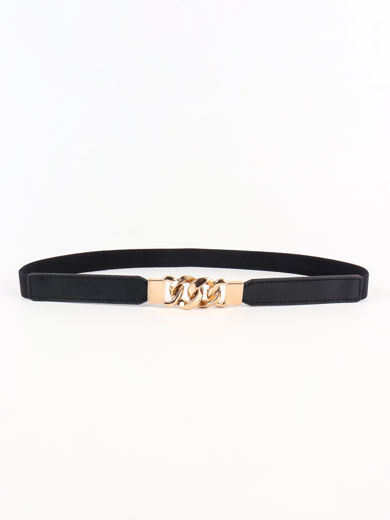 Zinc Alloy Buckle Elastic PU Belt - Black/Gold / One Size
