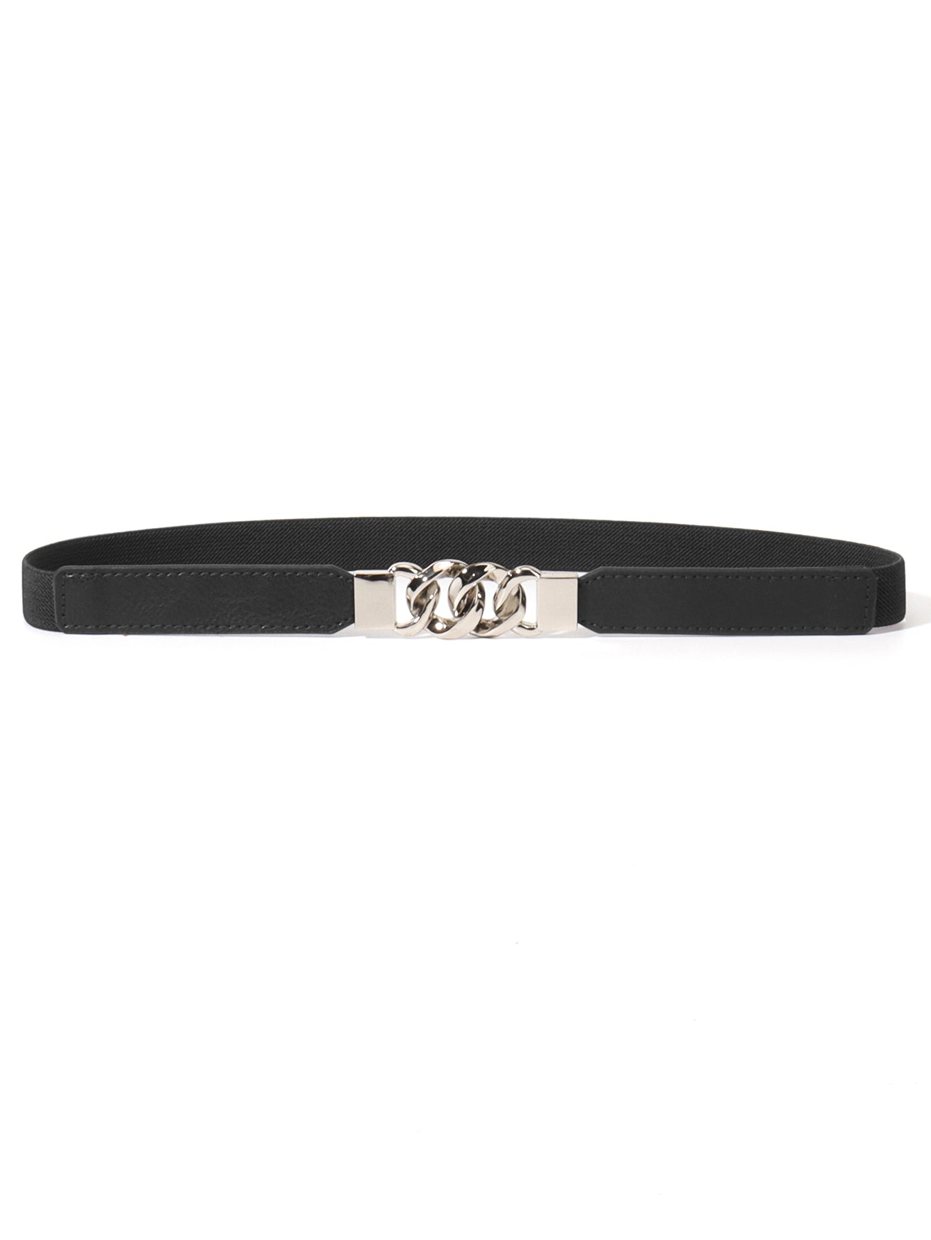 Zinc Alloy Buckle Elastic PU Belt - Black/Silver / One Size