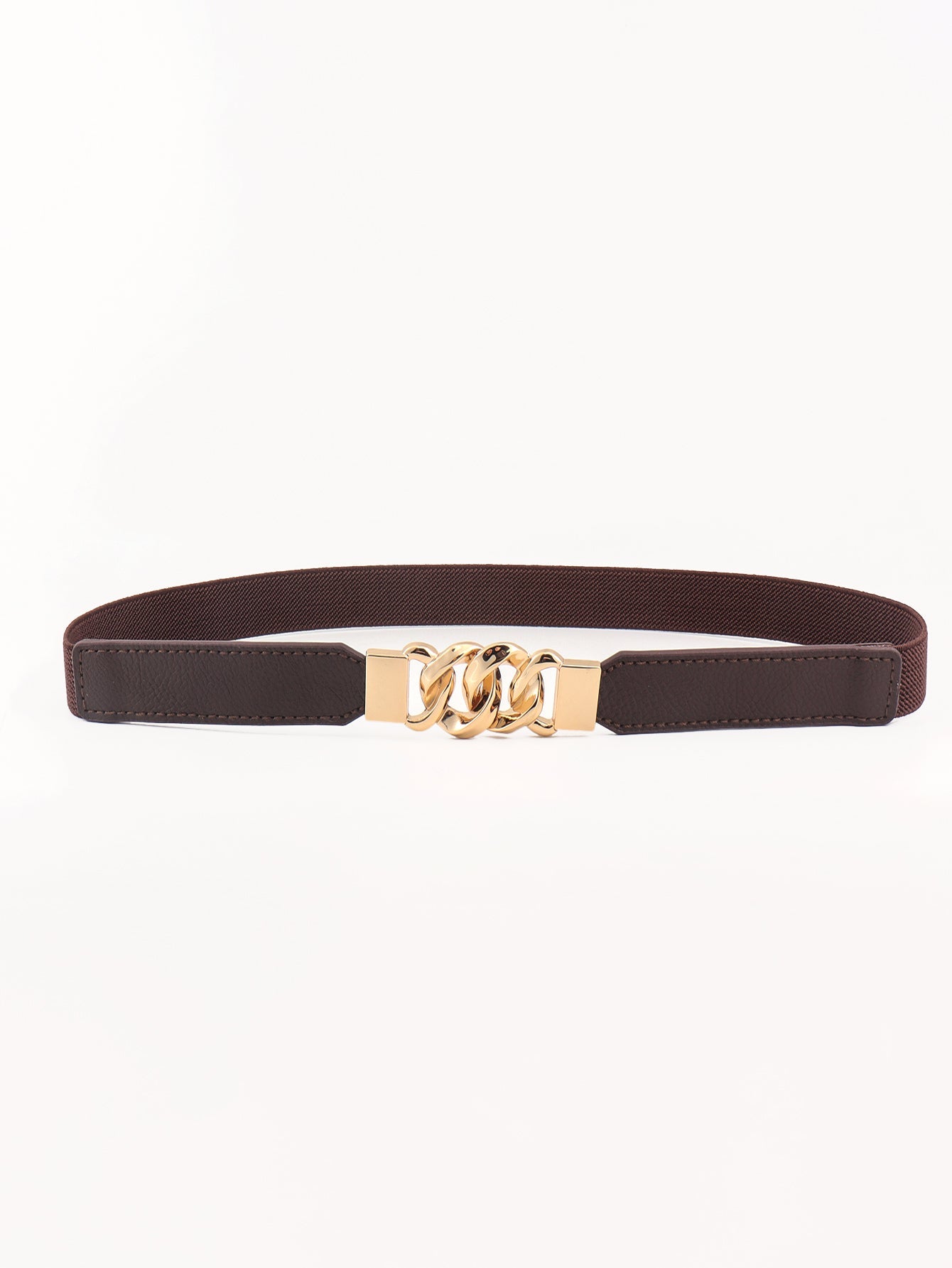 Zinc Alloy Buckle Elastic PU Belt - Chocolate/Gold / One Size