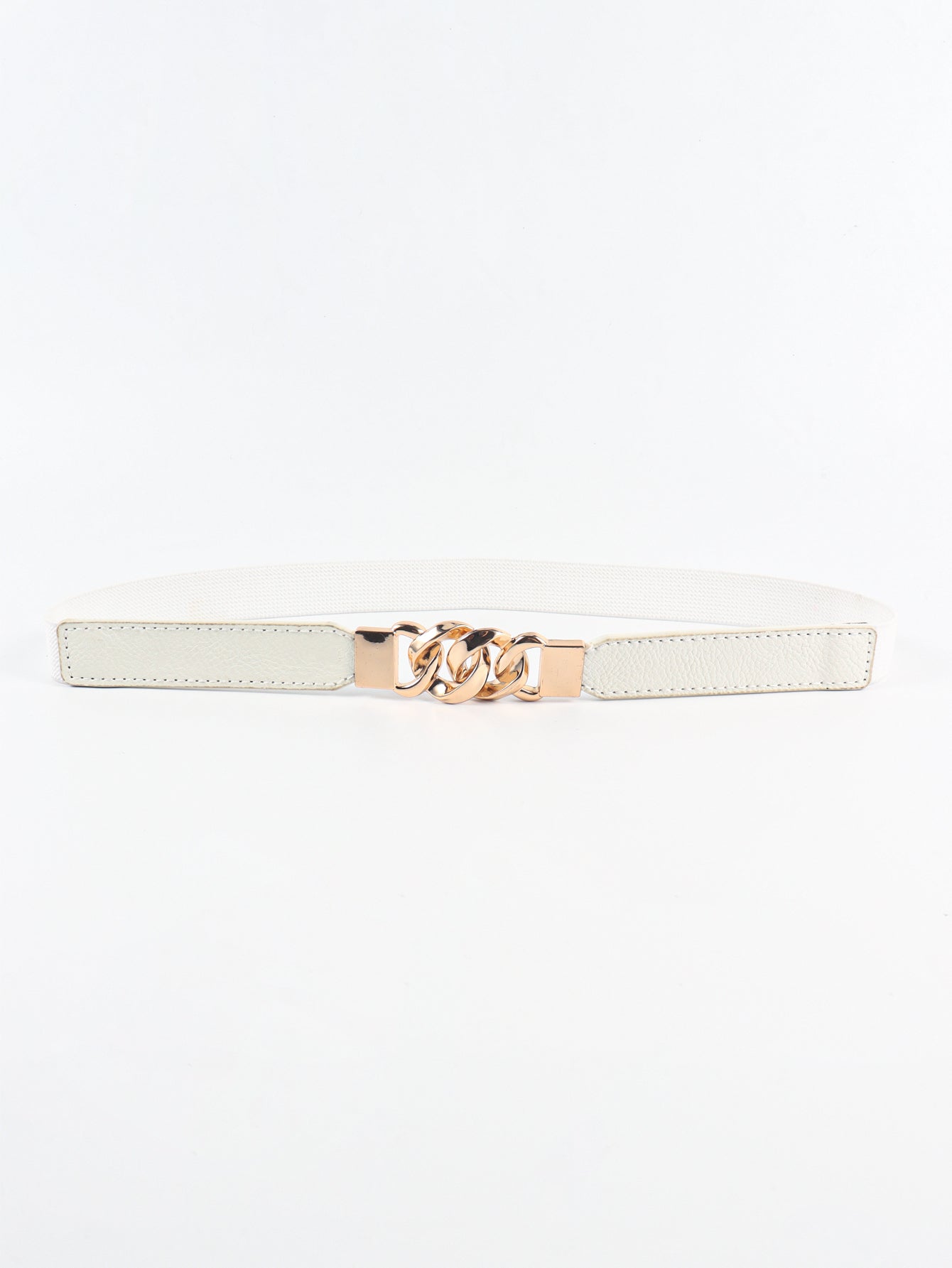 Zinc Alloy Buckle Elastic PU Belt - White/Gold / One Size