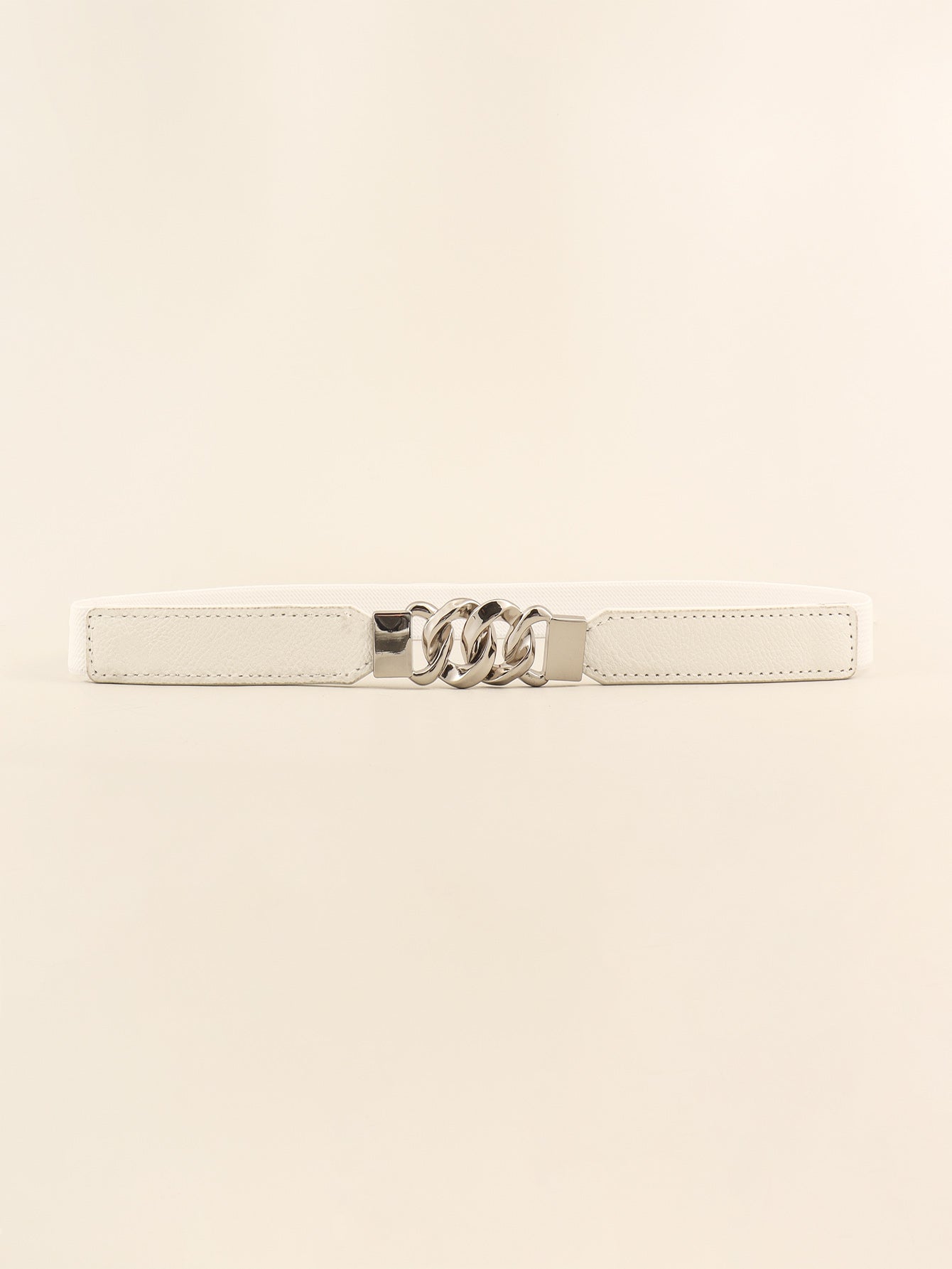 Zinc Alloy Buckle Elastic PU Belt - White/Silver / One Size