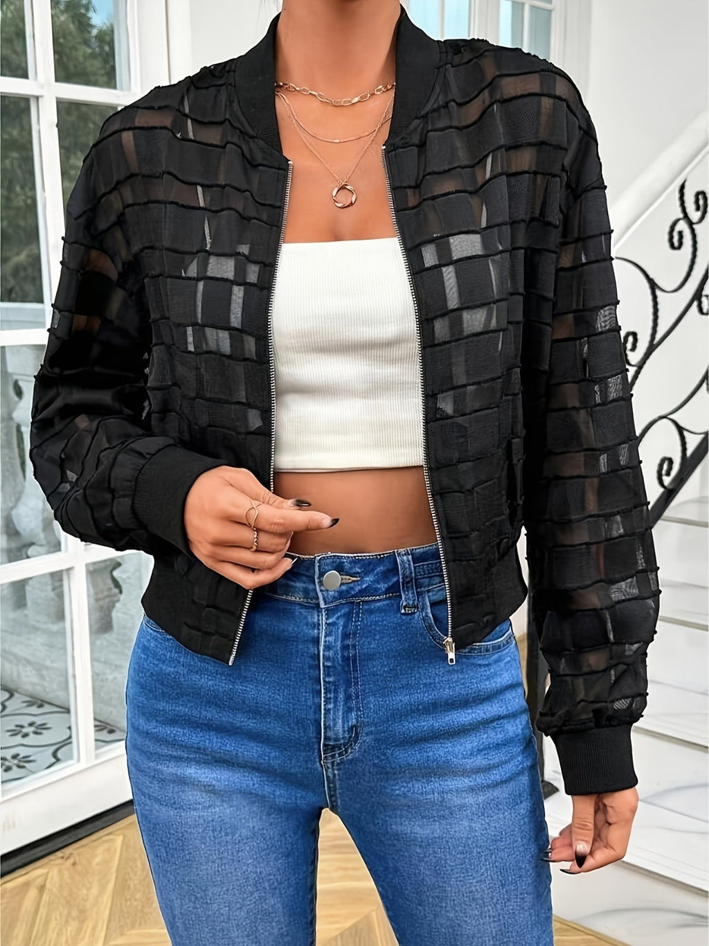 Zip Up Baseball Collar Outerwear - Black / S