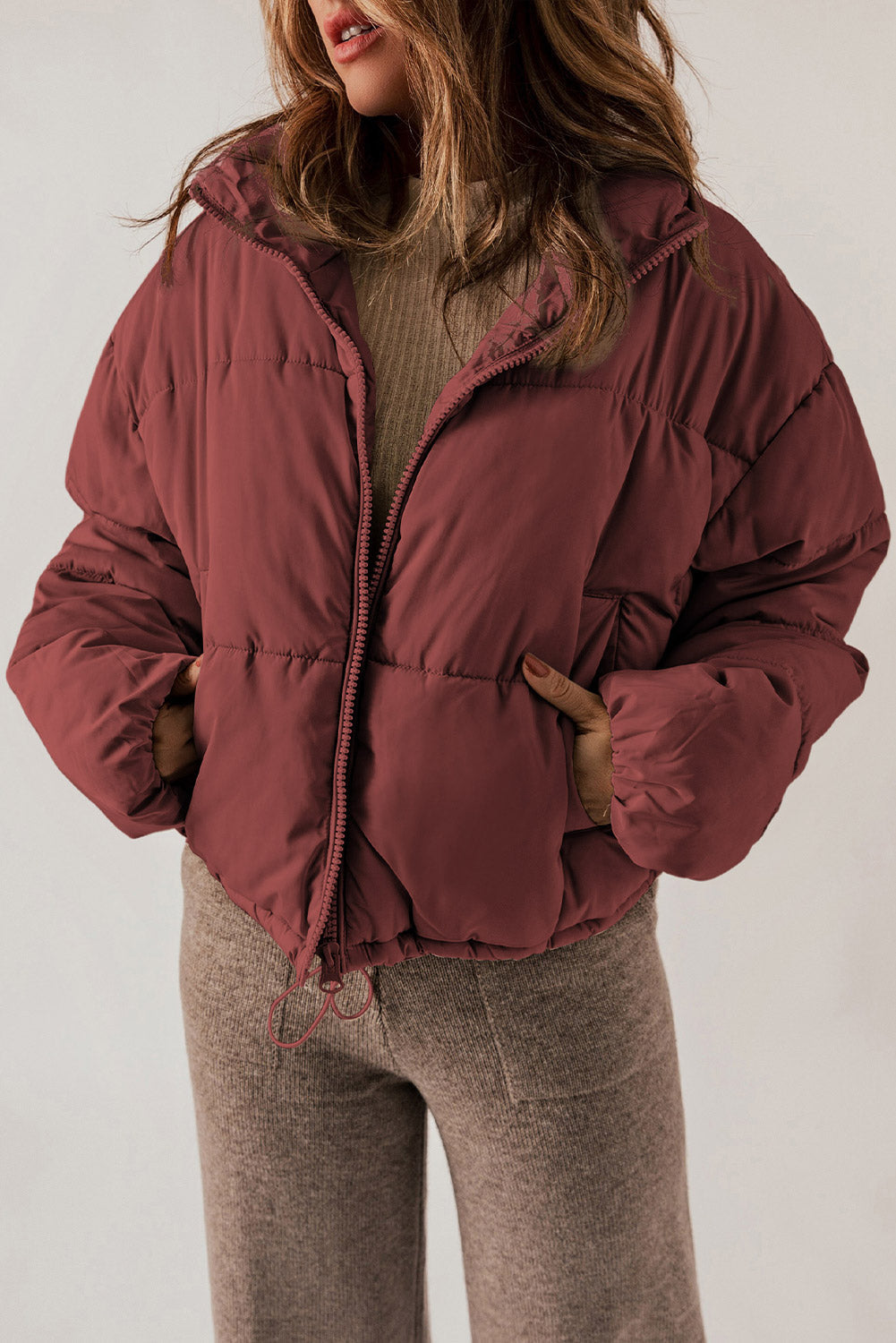 Zip Up Collared Neck Long Sleeve Winter Coat - Brick Red / S