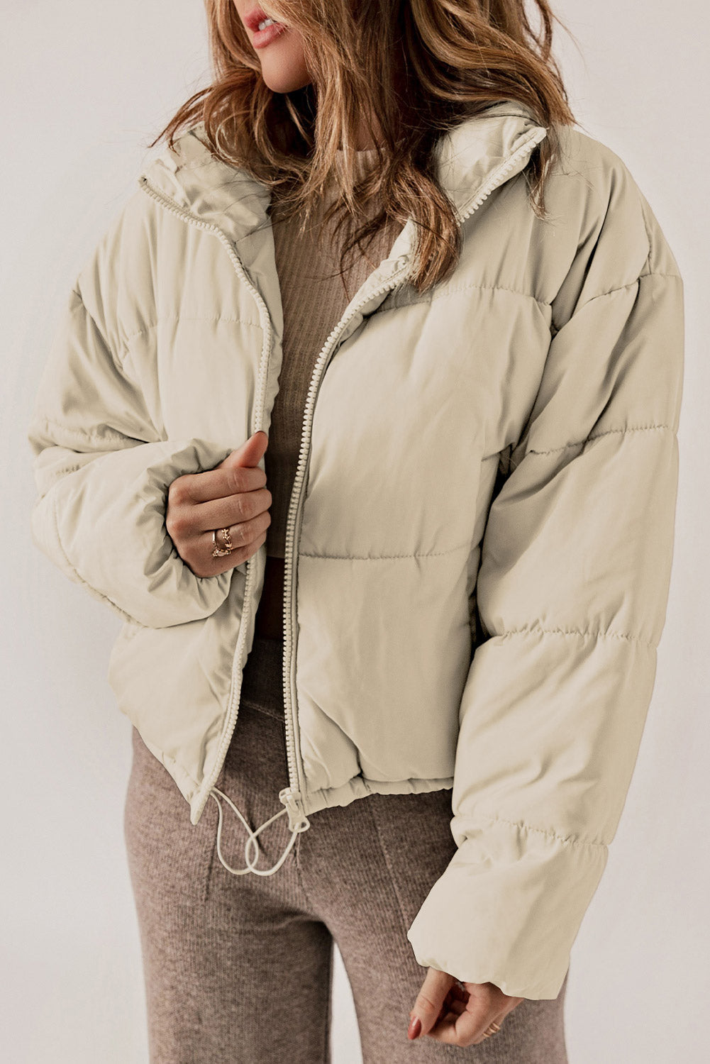 Zip Up Collared Neck Long Sleeve Winter Coat - Cream / S