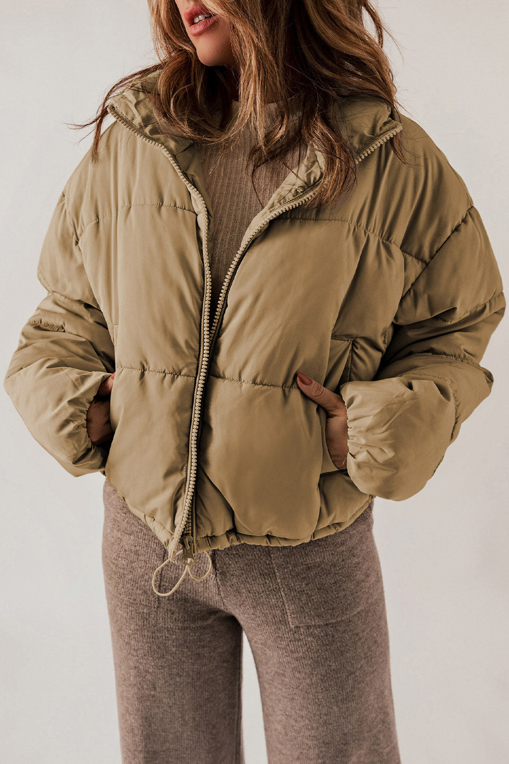 Zip Up Collared Neck Long Sleeve Winter Coat - Taupe / S