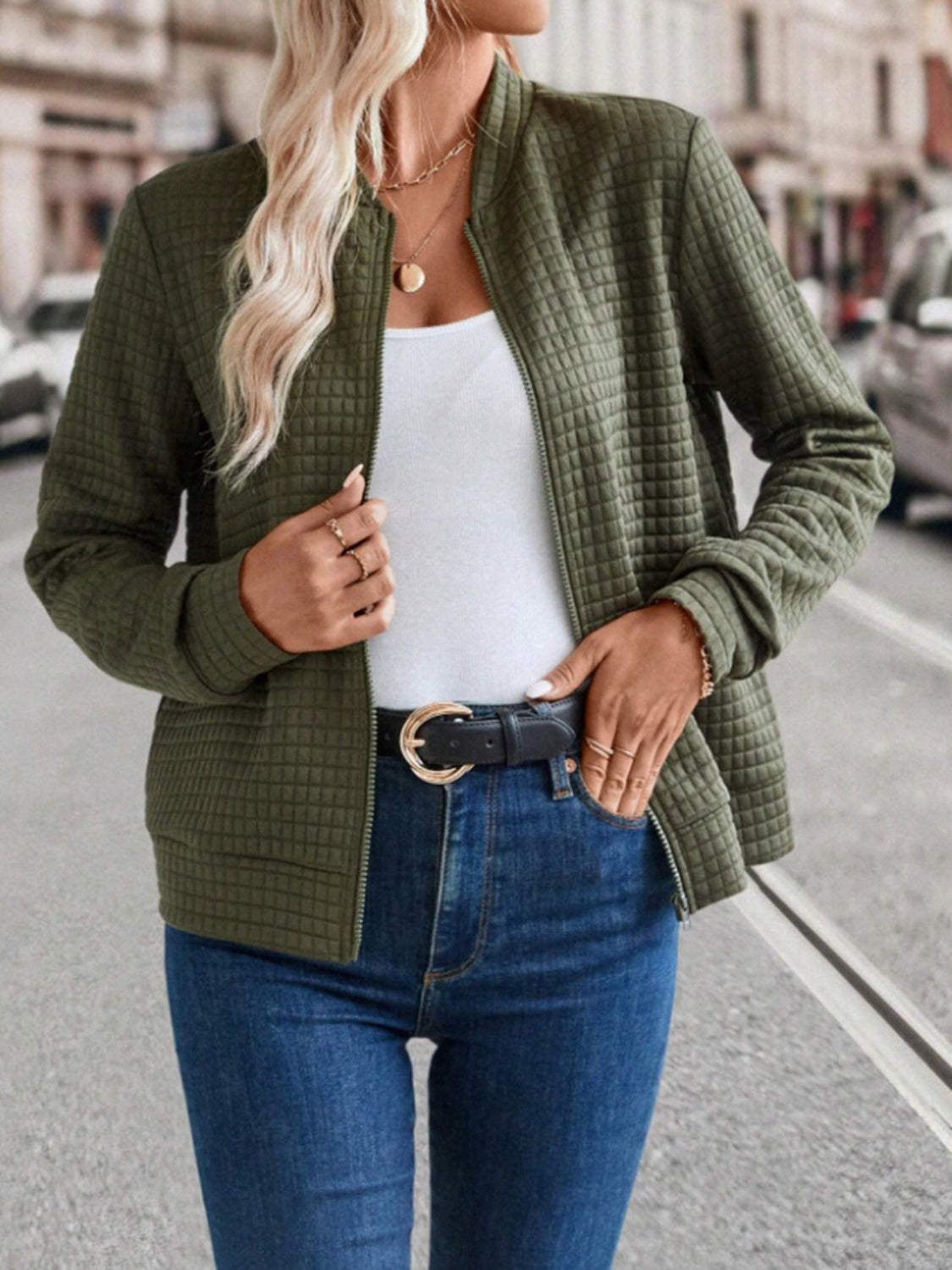 Zip Up Long Sleeve Jacket - Army Green / S