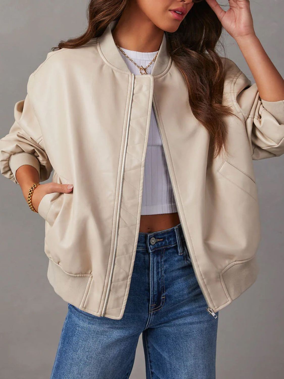 Zip Up Long Sleeve Jacket - Beige / S